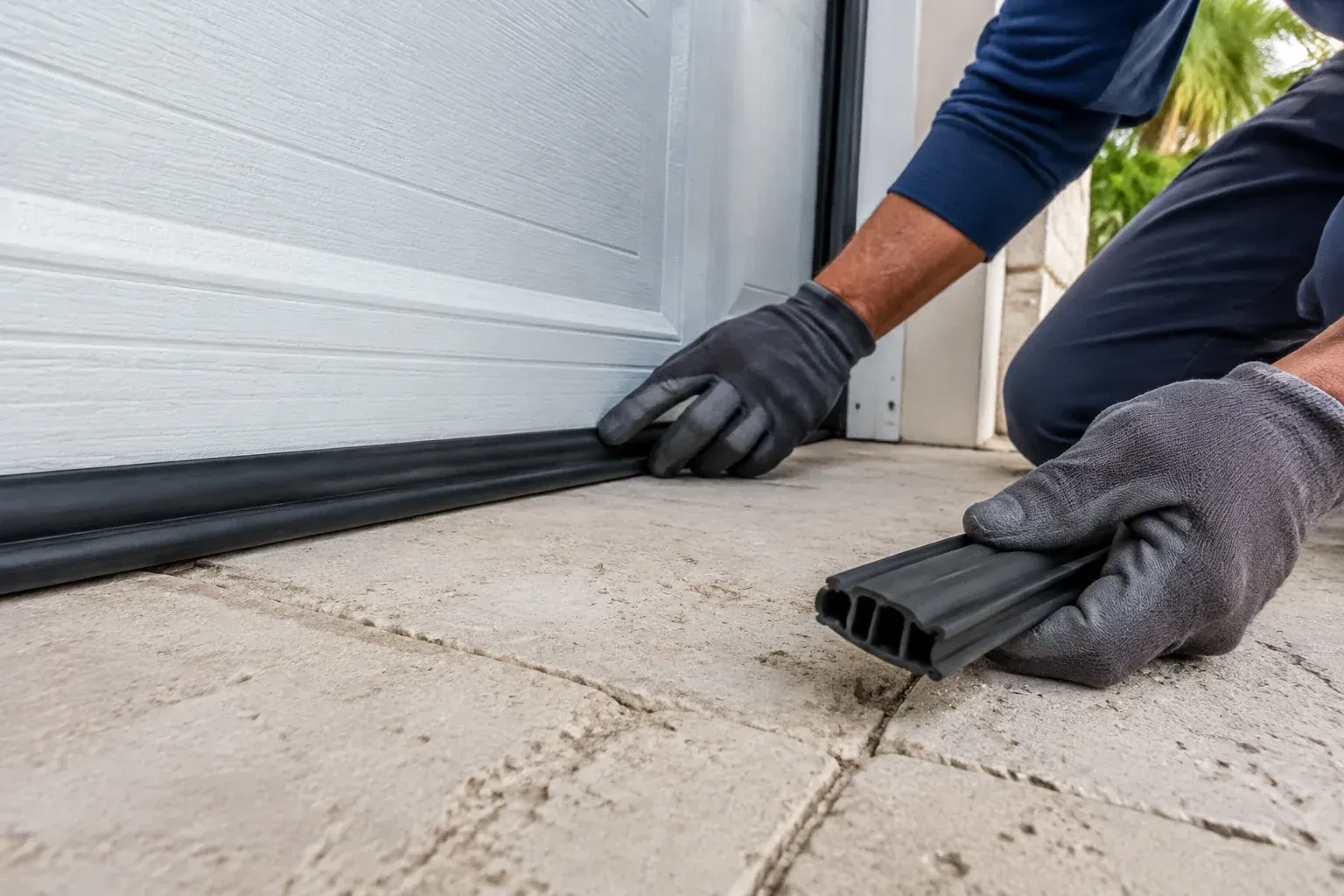 Gloved hands setting a black rubber seal along the base of a white garage door, holding a ribbed strip over paving stones. — Garage Door Bottom Seal Replacement, Lawrence Park