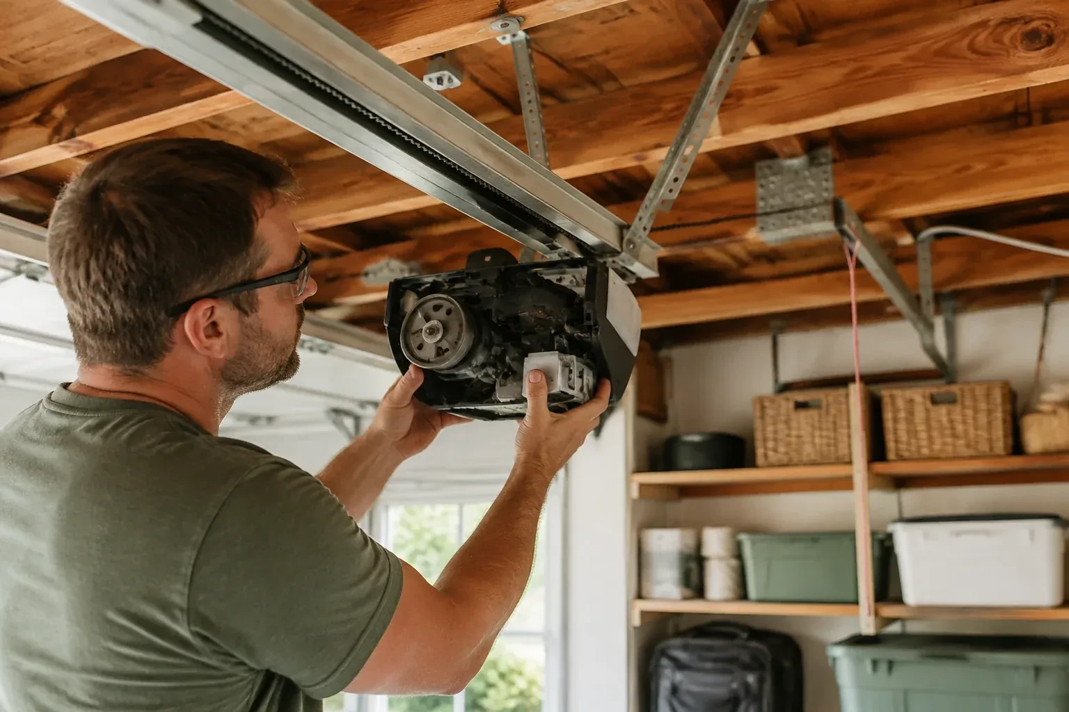 Person in a green shirt and glasses holding an opened opener housing that shows a gear, under wooden ceiling joists. — Belt-Drive Opener Repair, Toronto
