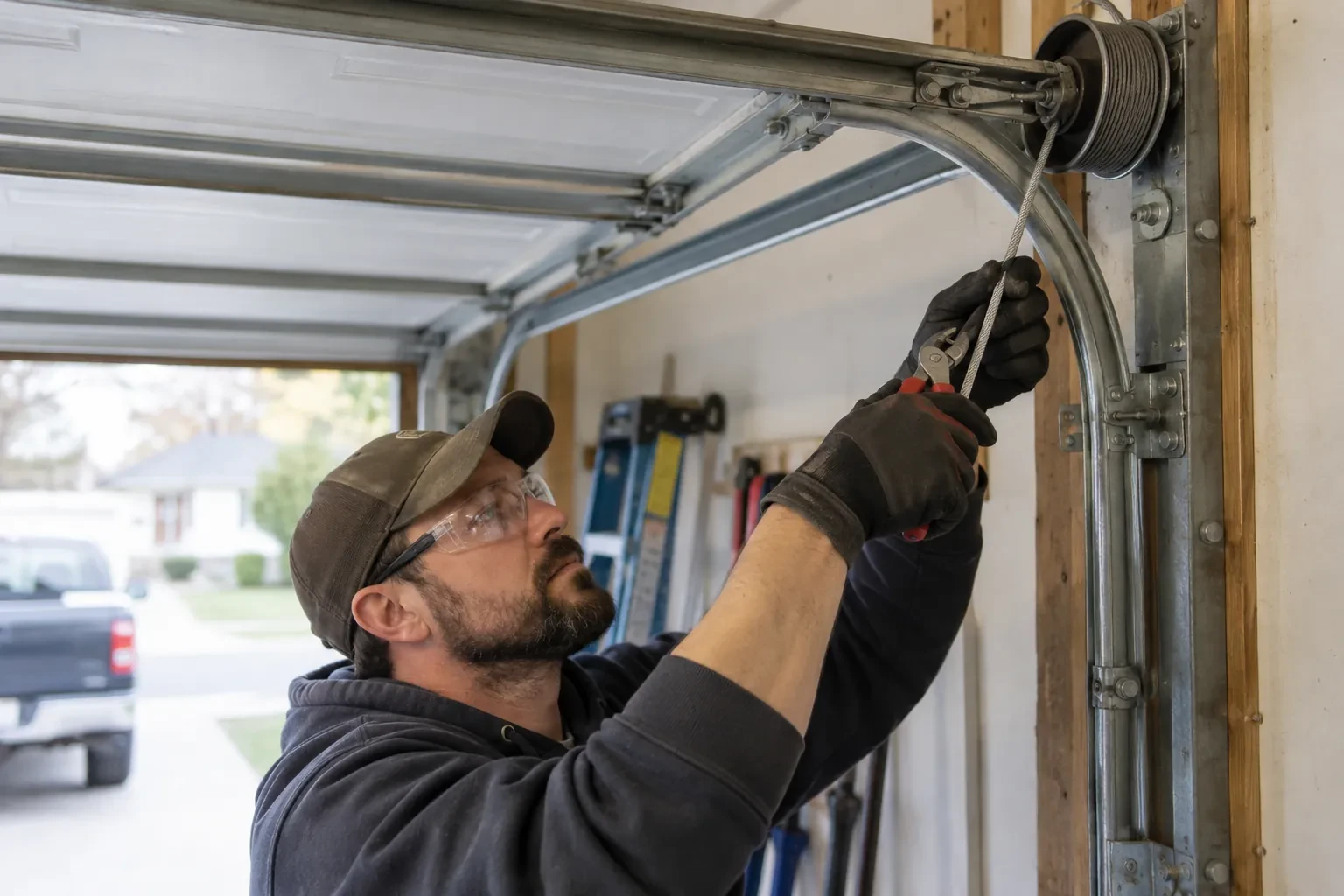 Technician in safety glasses gripping a steel cable with pliers beside a cable drum at the curved door track.