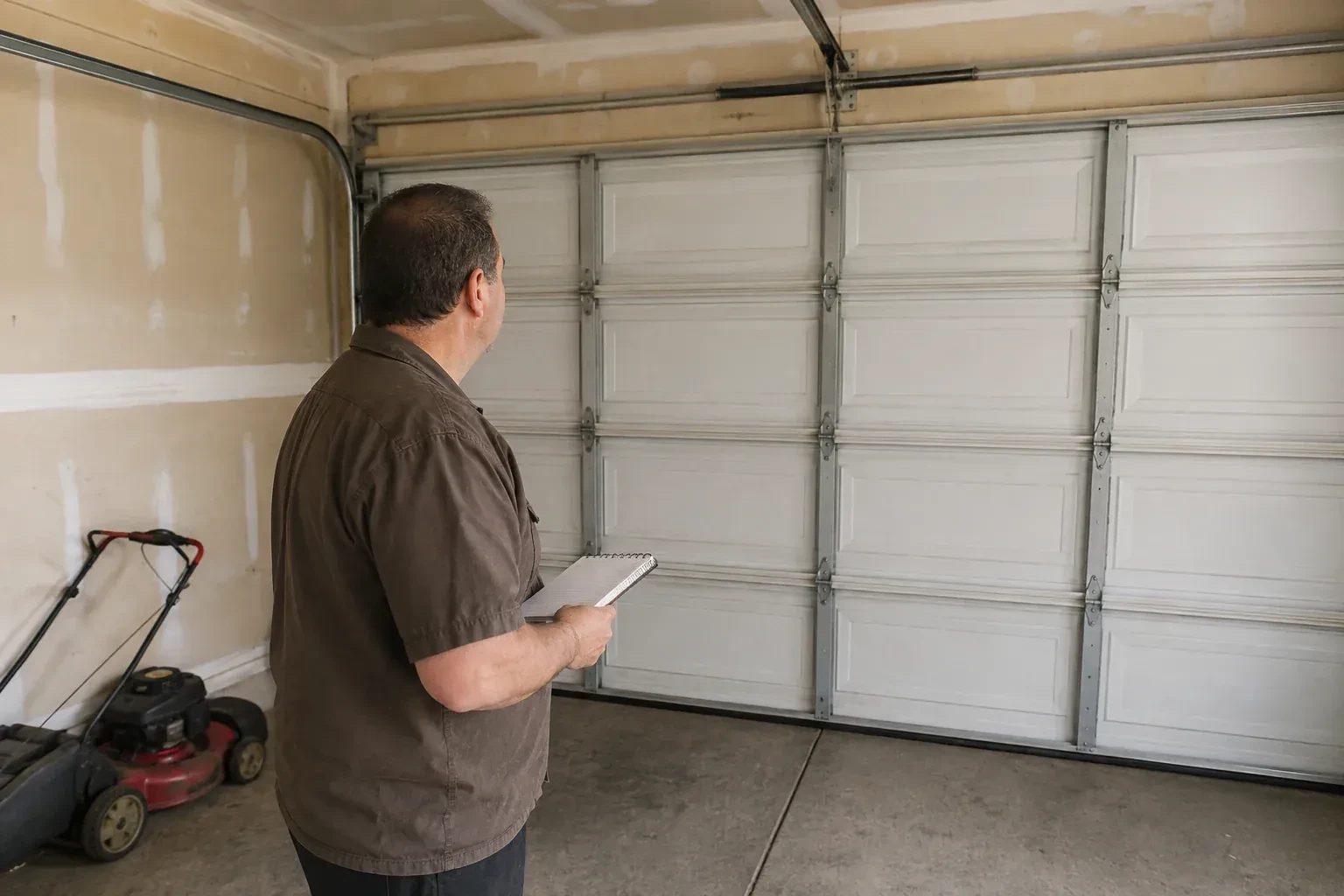 Technician holding a notebook while looking at a closed sectional door. — Garage Door Balance Adjustment, Toronto