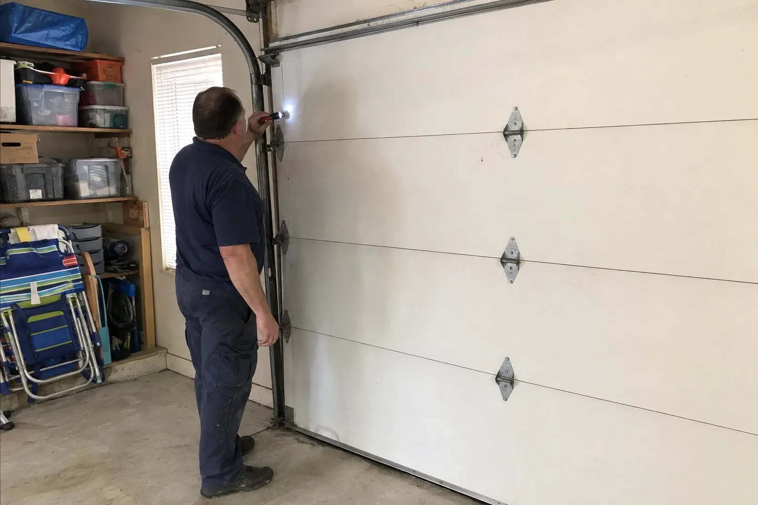 Technician in navy clothes shining a small flashlight at the upper track and hinge of a closed white sectional garage door. — Bedford Park