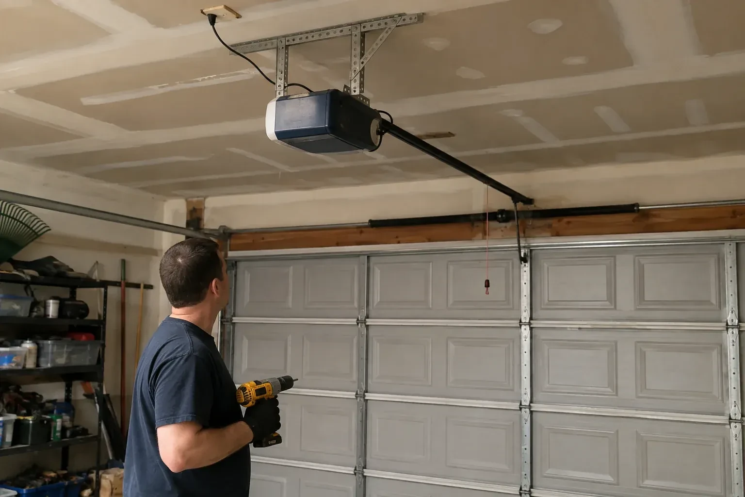 Person holding a yellow drill and looking up at a blue and white opener above a gray paneled garage door. — Chain-Drive Opener Repair, Toronto